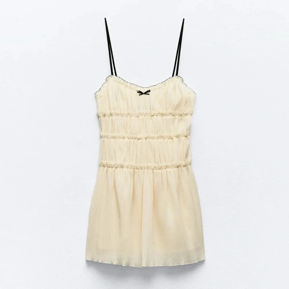 ZARA LITTLE BOW ECRU TEXTURED DRESS